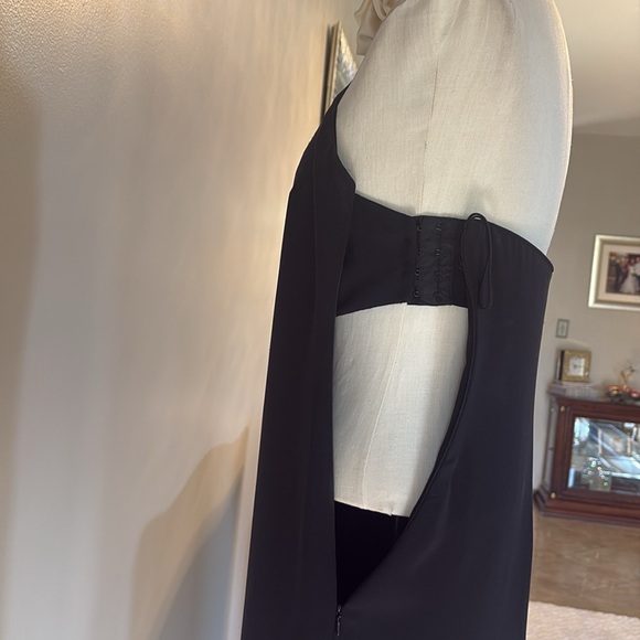 Evening formal long halter dress black open back crape lined mock satin ruffle 4 - Picture 9 of 15